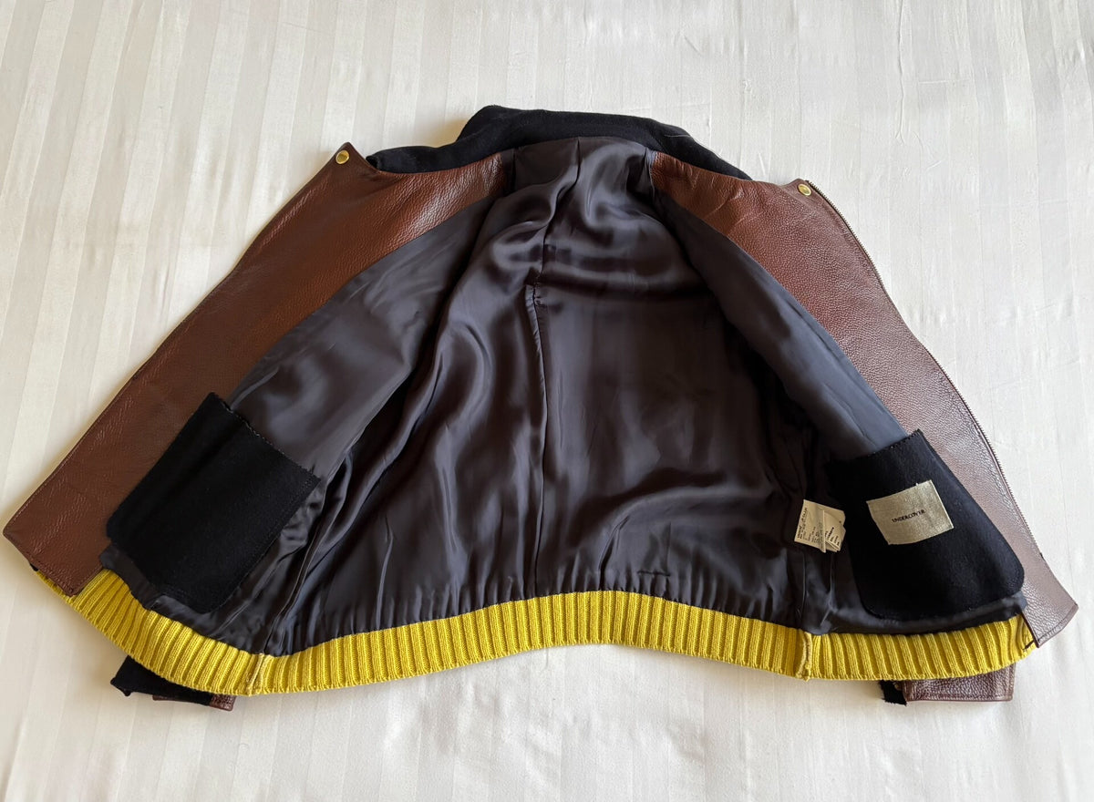 Undercover Zip Panel Leather Deconstructed Pleated Plaid Knit Jacket