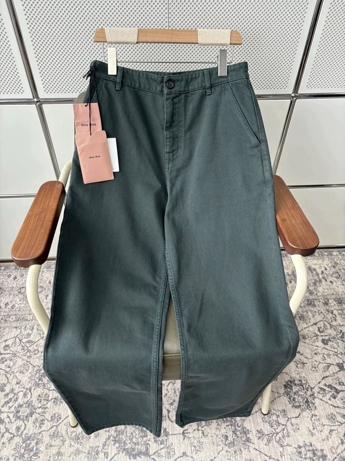 MiuMiu logo Vintage Dark Green Embroidered Cotton Jeans
