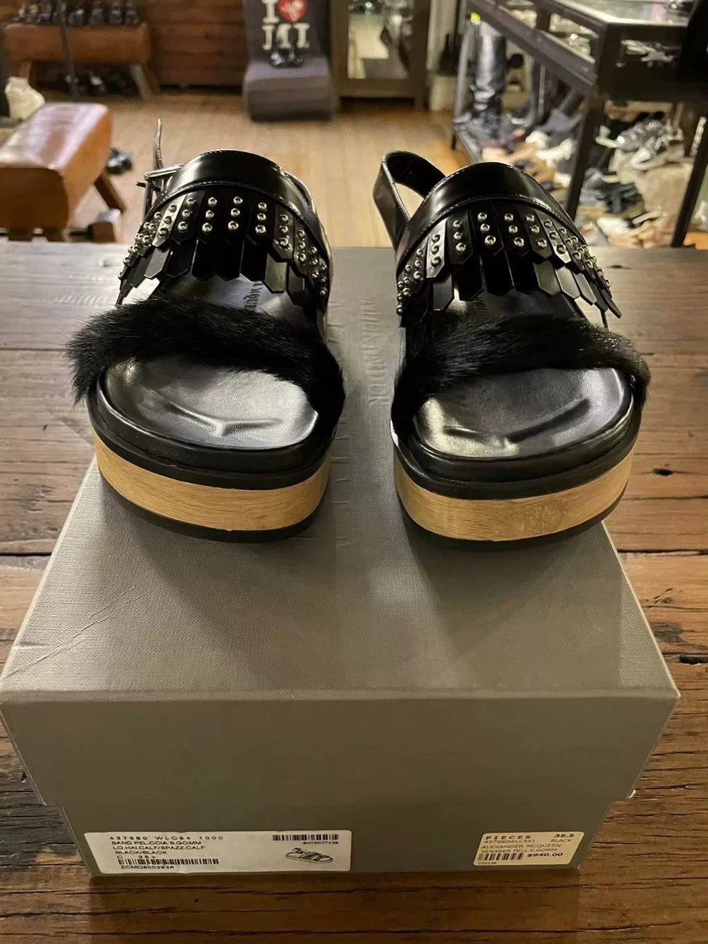 Alexander McQueen FW16 Black Fringe Lambskin Platform Sandals