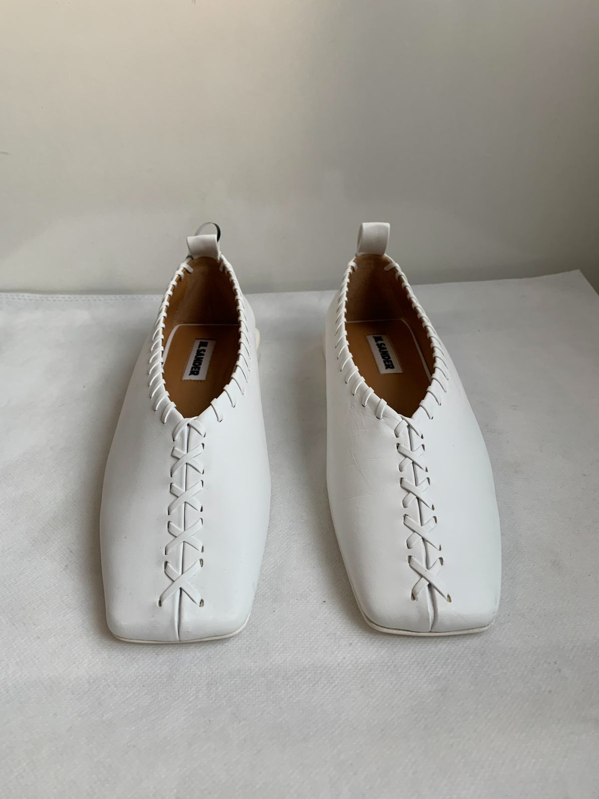 Jil Sander White Metal Ring Woven Square-Toe Flats