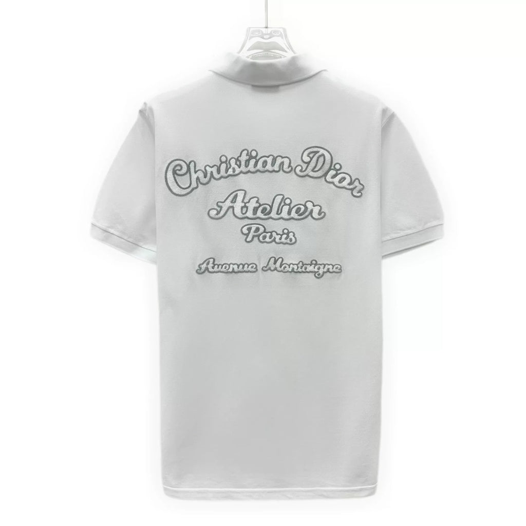 Dior White Letter Embroidery Logo Collared Single-Breasted Cotton Polo Shirt