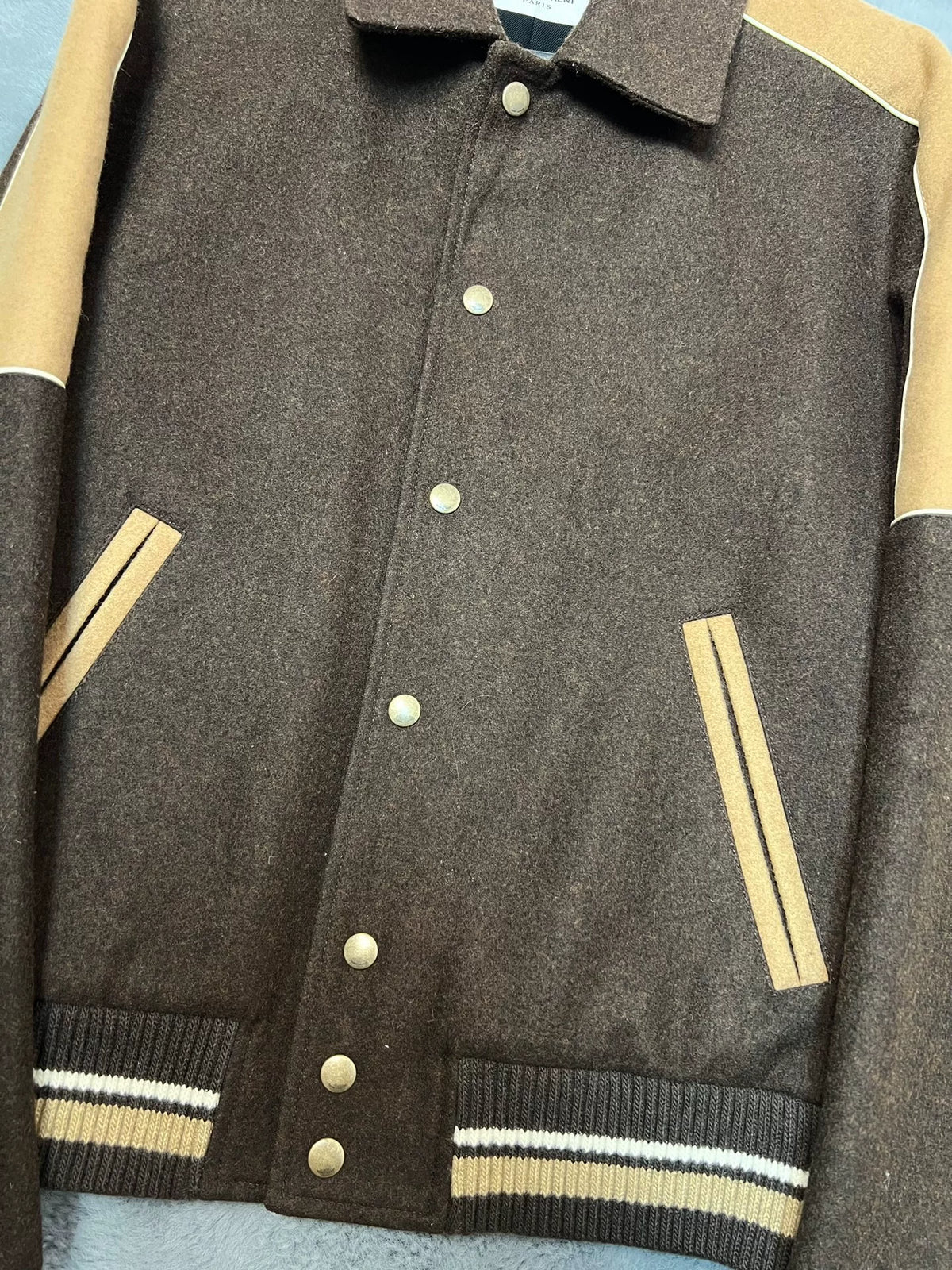 Saint Laurent AW21 Runway Coffee Khaki Color-Block Collared Wool Jacket