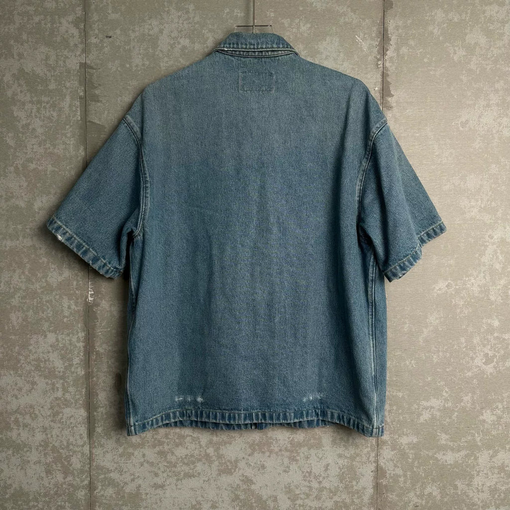 Prada Triangle Logo Denim Short-Sleeve Shirt