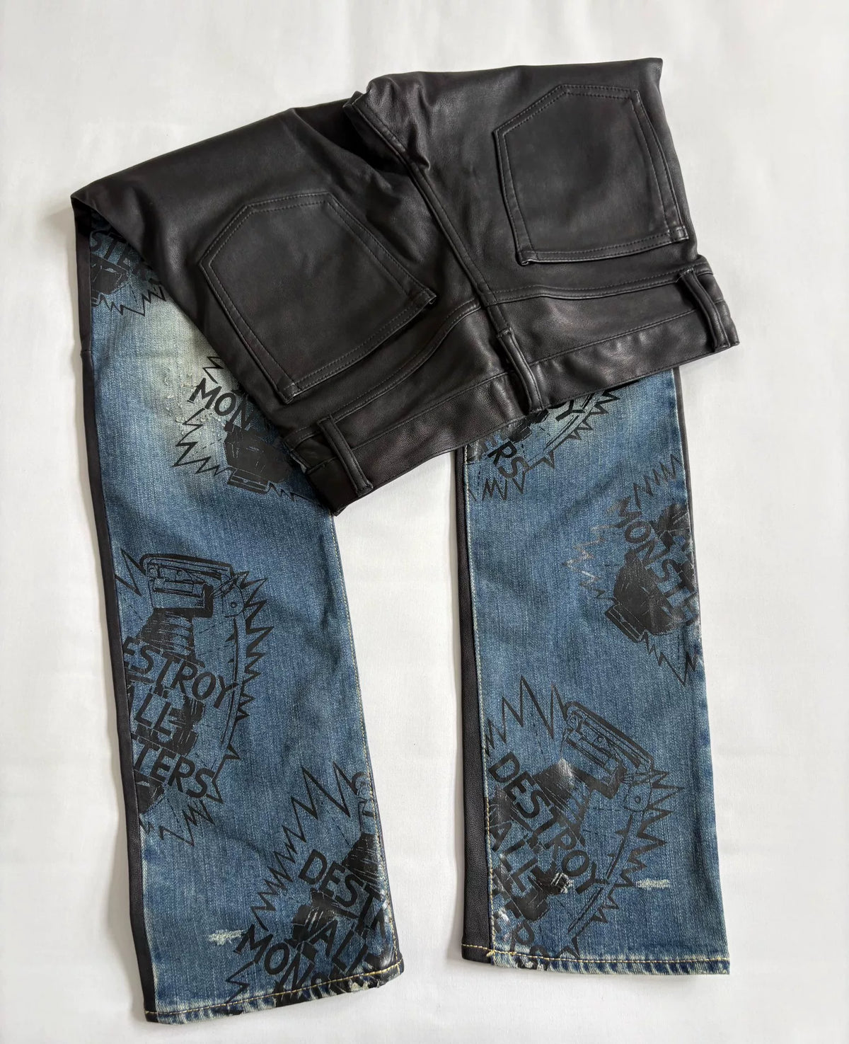 hysteric glamour denim patchwork leather pants Japanese brand Hysteric (HG) printed denim
