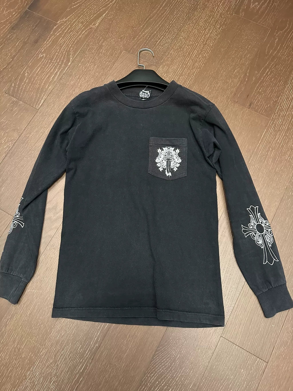 Chrome Hearts 1990s Gray Vine Sword Cross Horseshoe Print Long Sleeve Top