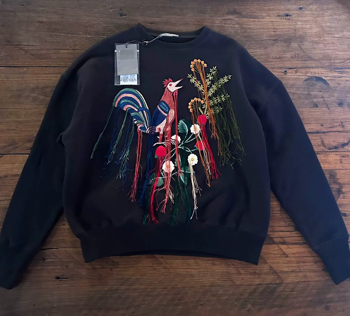 Alexander McQueen Black Gold Rooster Fringe Embroidered Oversized Cotton Sweater