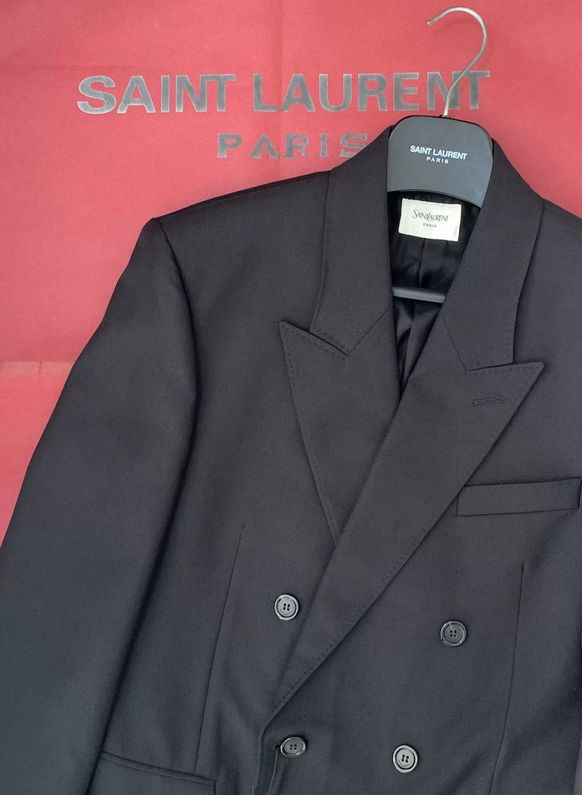 Saint Laurent SS25 Black Peak-Lapel Double-Breasted Wool Jacket