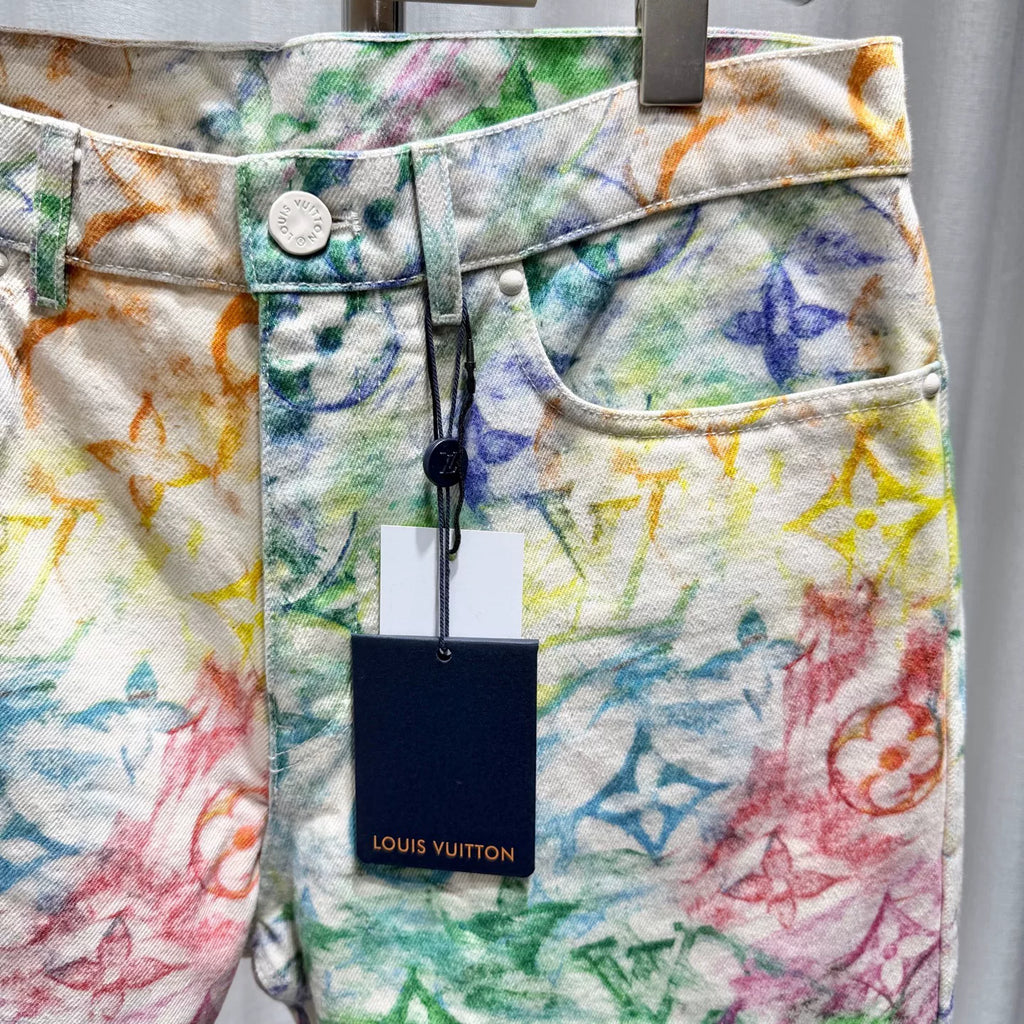 Louis Vuitton Denim Crayon Graffiti All-Over Print Monogram Straight-Leg Cotton Multicolor Pants