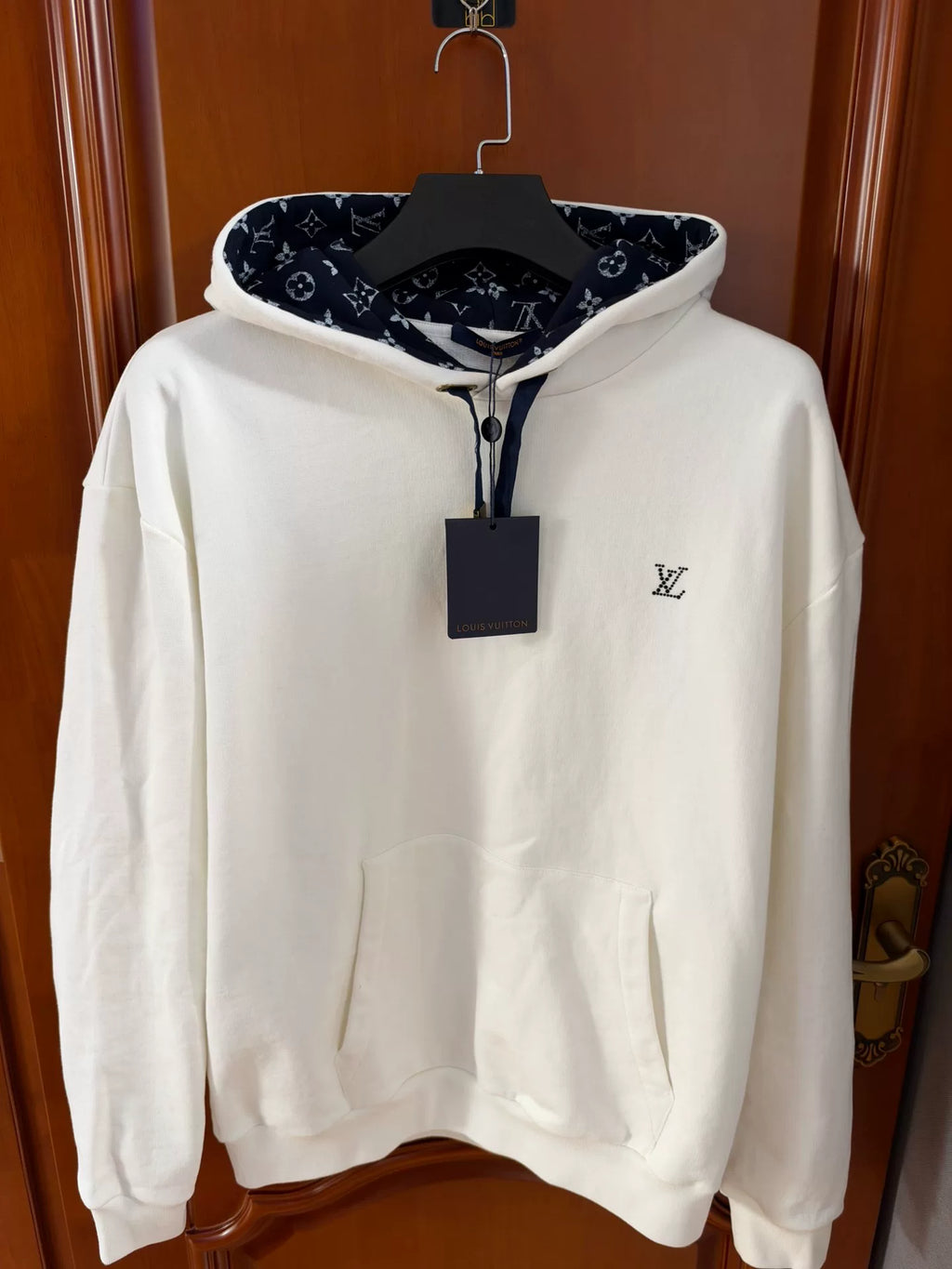 Louis Vuitton White Rhinestone Drawstring Hooded Sweater