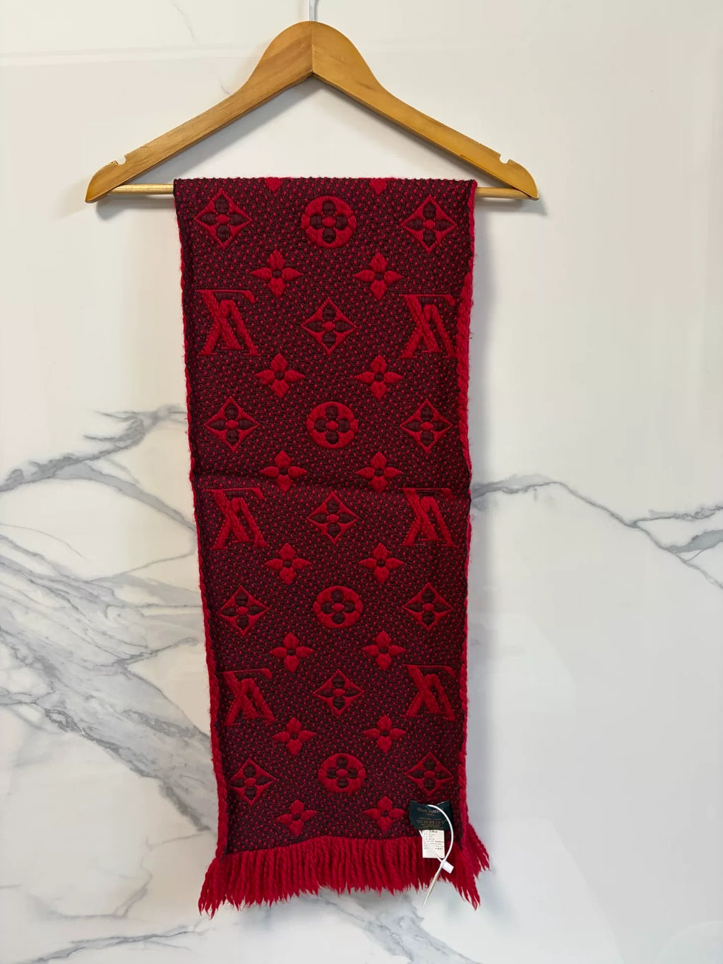Louis Vuitton Red Monogram Wool Silk Fringe Scarf