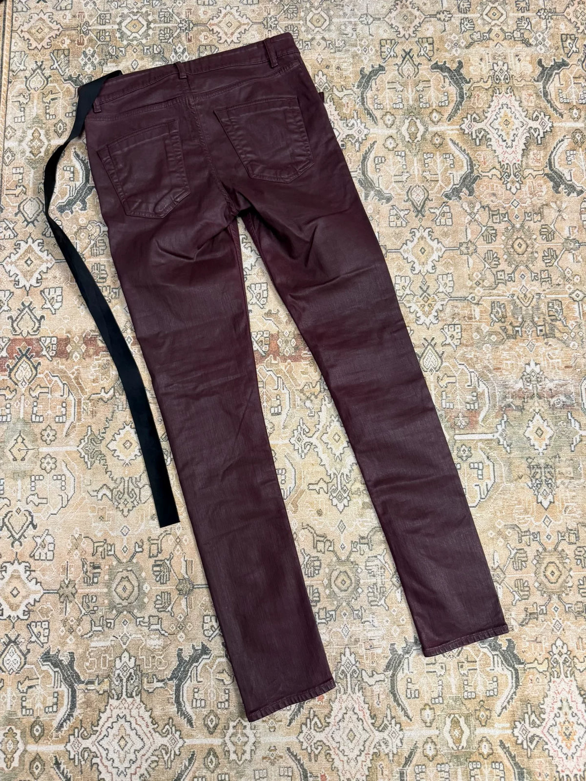 Rick Owens Burgundy Wet Wax Denim Jeans