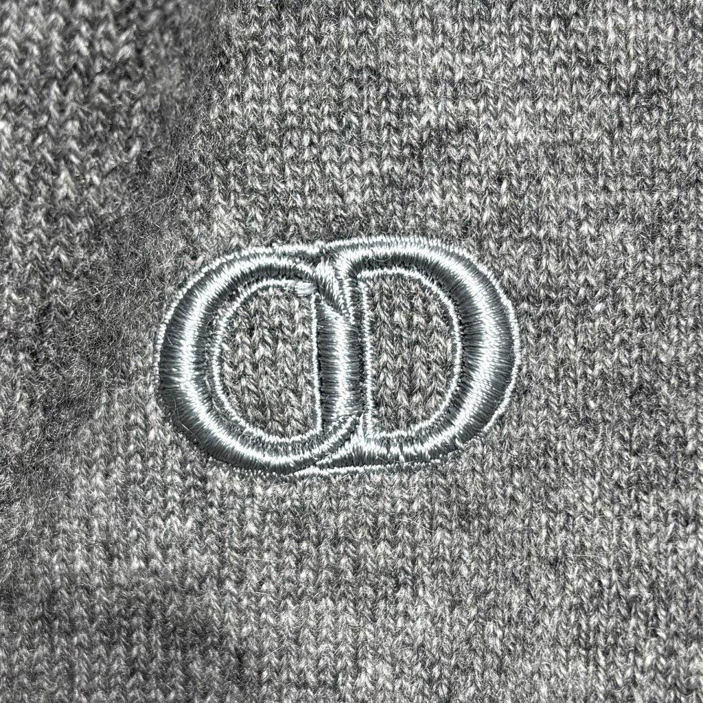Dior Dark Grey CD Letter Embroidered Logo Ribbed Collar Cashmere Sweater