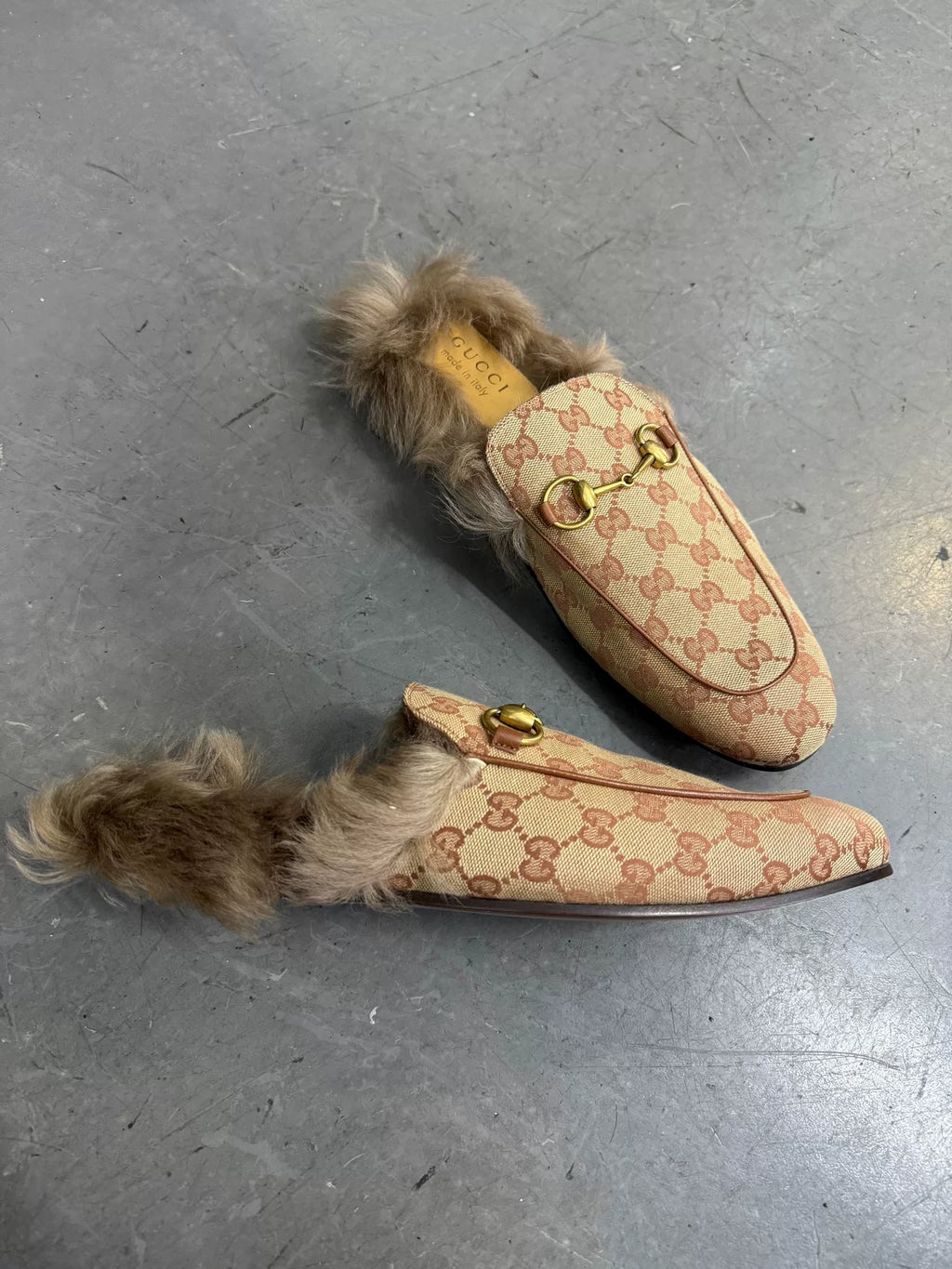 Gucci All-Over Print Embroidered Fur Slides