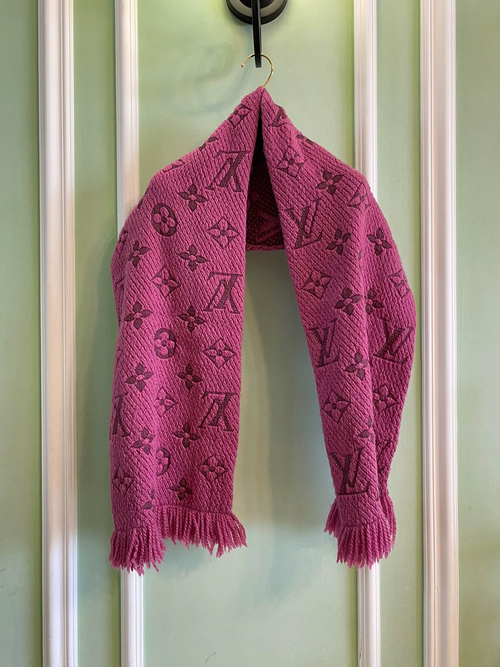 Louis Vuitton Pink Monogram Wool Silk Fringe Scarf