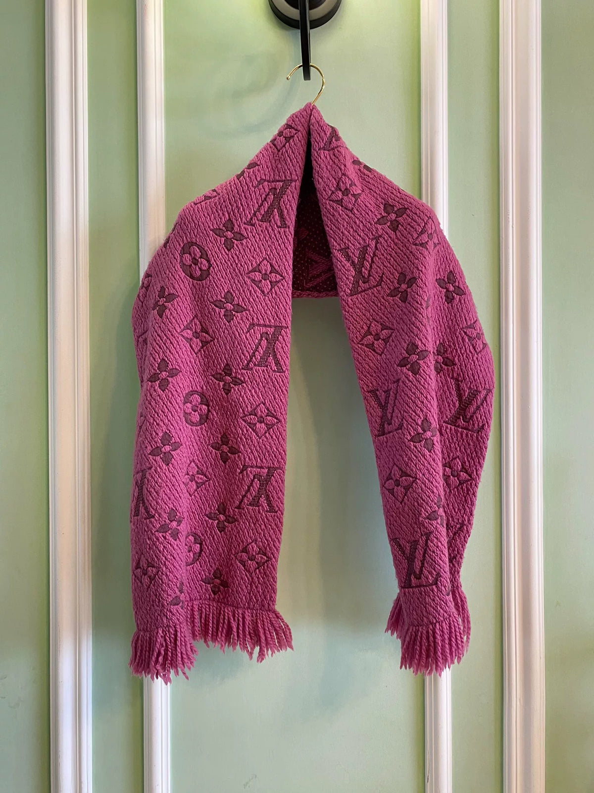 Louis Vuitton Pink Monogram Wool Silk Fringe Scarf
