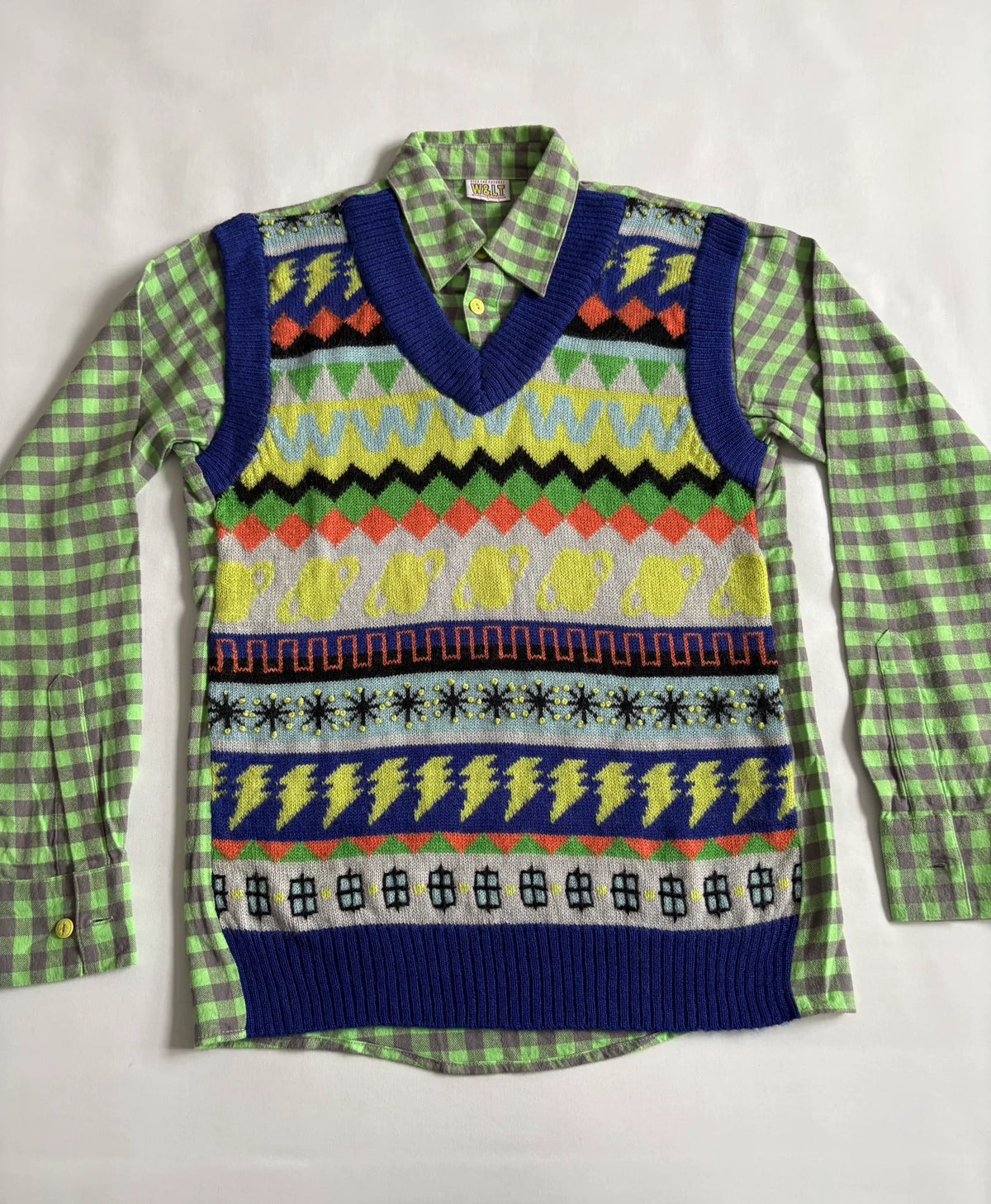 Walter Van Beirendonck W&LT Green Plaid Knit Panel Shirt
