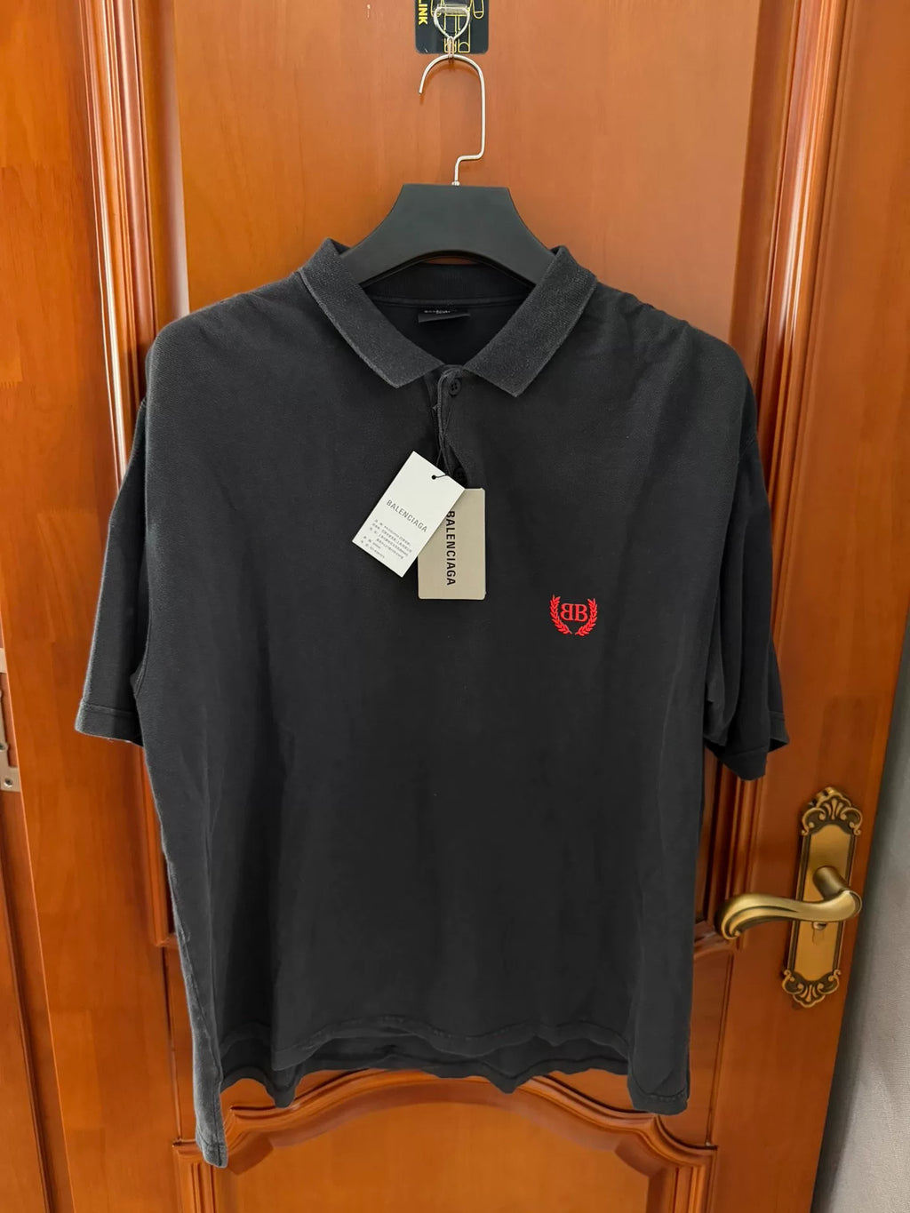 Balenciaga SS25 Black Wheat Ear Logo Short Sleeve Polo Shirt