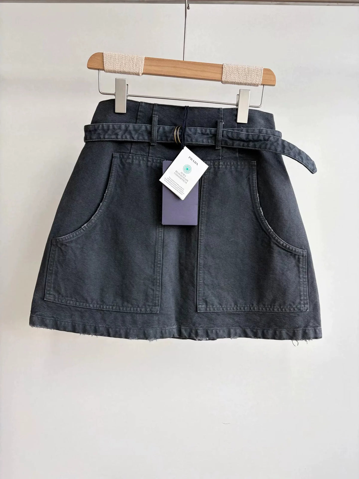 Prada Distressed Triangle Logo Denim Skirt