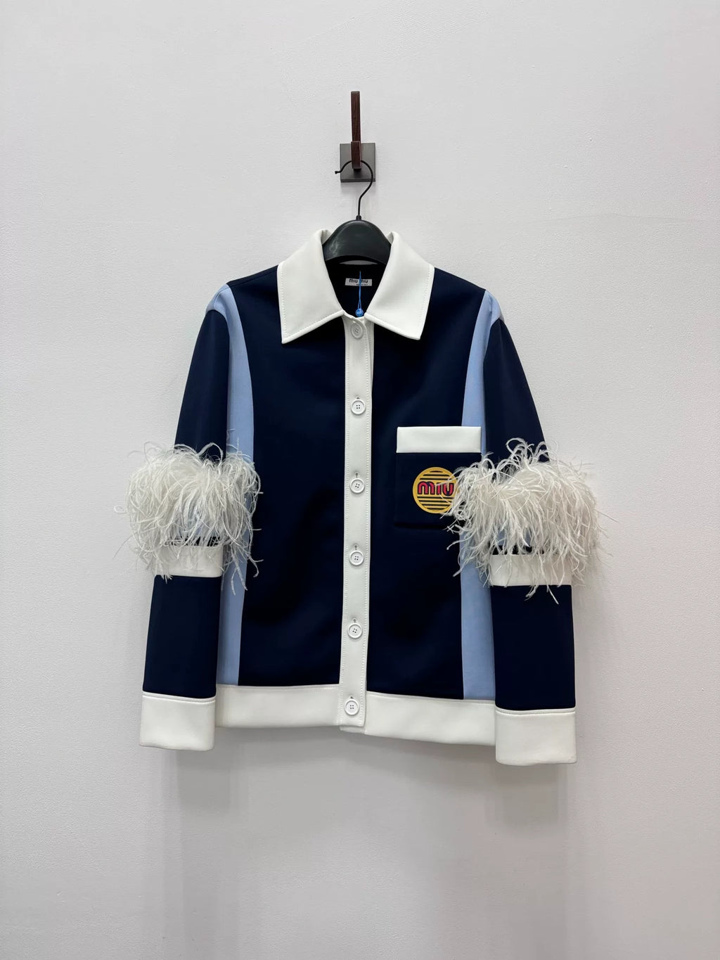 MiuMiu logo Blue White Feather Letter Patch Single-Breasted Jacket