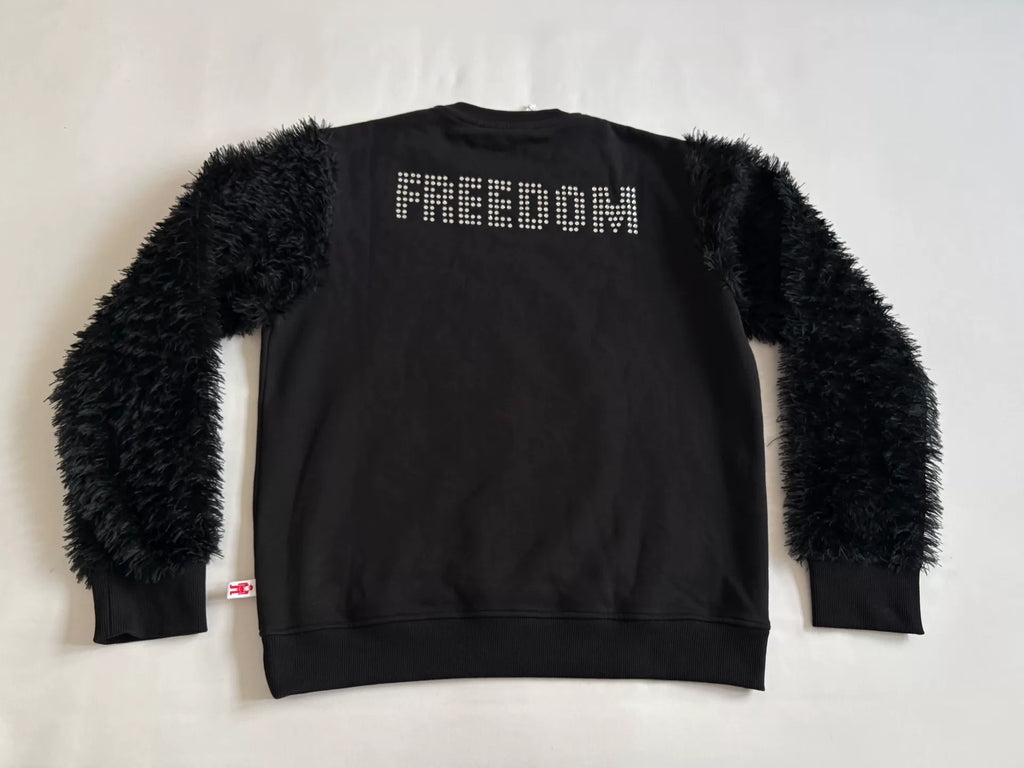 Walter Van Beirendonck fur patchwork rhinestone sweatshirt
