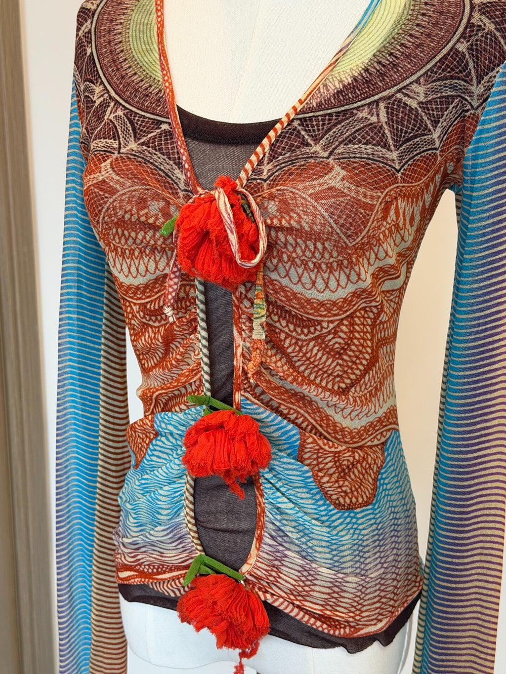 Jean Paul Gaultier Vintage V-Neck Mesh Print Long Sleeve Top