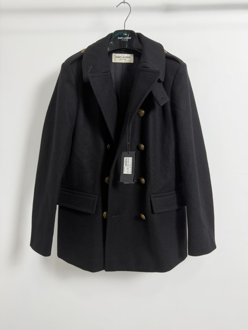 Saint Laurent Slp13fw Gold Anchor Button Black Wool Coat
