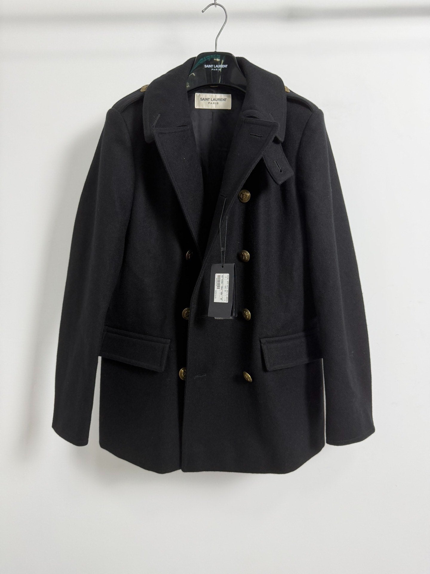 Saint Laurent Slp13fw Gold Anchor Button Black Wool Coat