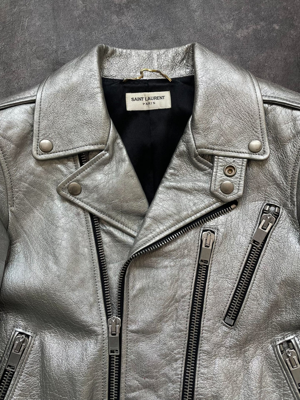 Saint Laurent SLP13 Silver Lambskin Zipper Jacket