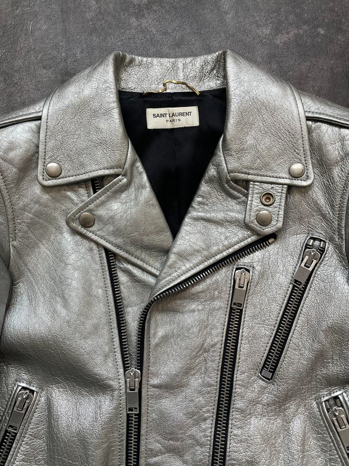Saint Laurent SLP13 Silver Lambskin Zipper Jacket