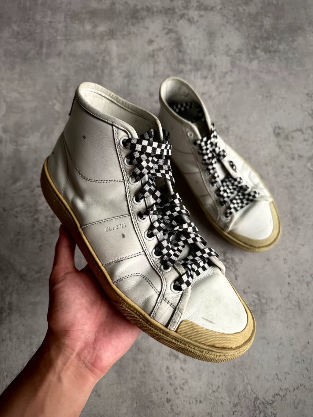 Saint Laurent 16SS SL/37M Checkered Lace Rivet High-Top Sneakers by Hedi Slimane