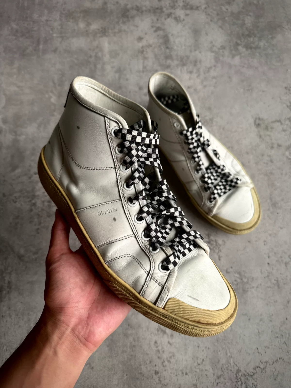 Saint Laurent 16SS SL/37M Checkered Lace Rivet High-Top Sneakers by Hedi Slimane