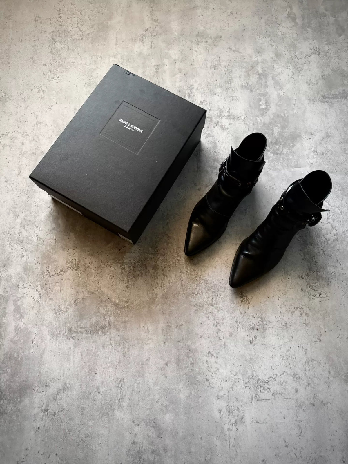 Saint Laurent Paris 14SS Black Leather Western Buckle Pointed Ankle Boots by Hedi Slimane