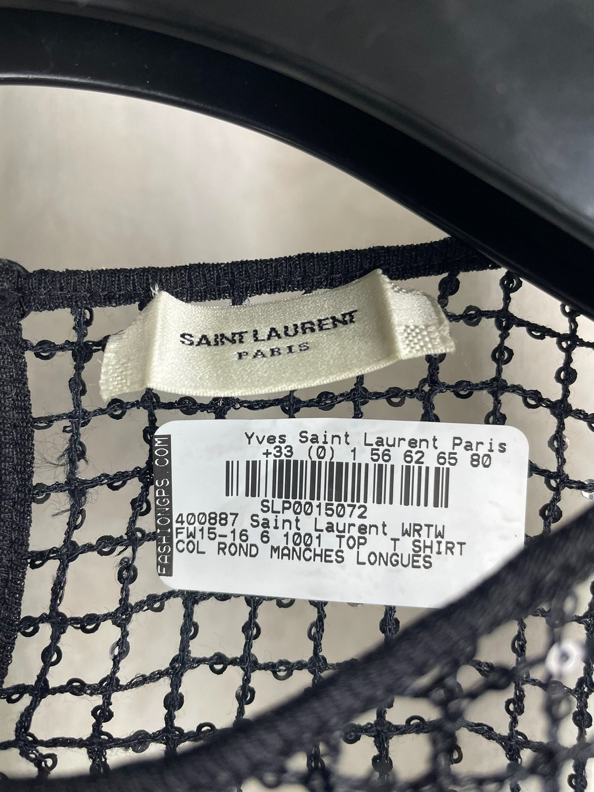 Saint Laurent FW15 Rhinestone Sequin Fishnet Black Top