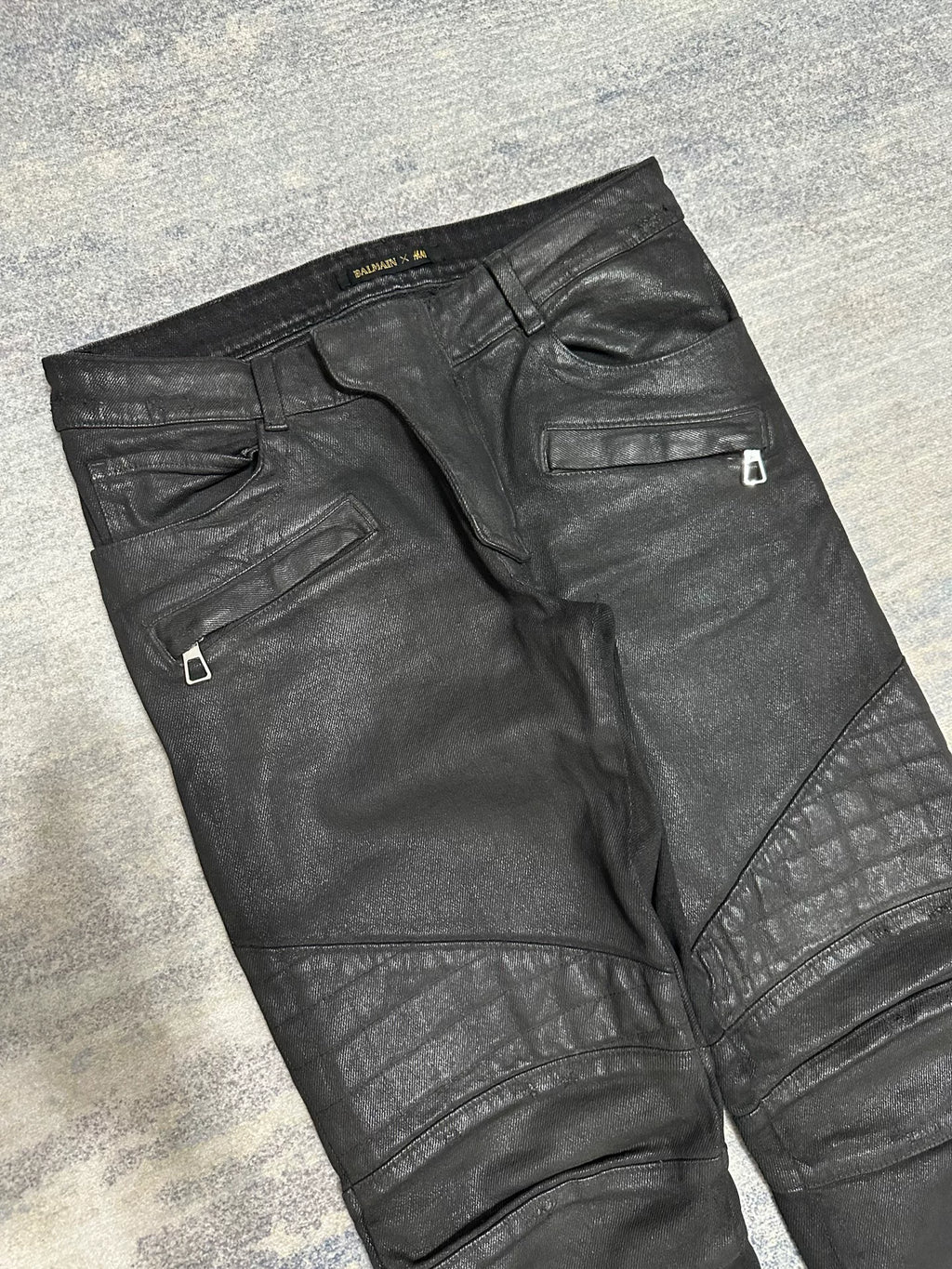 Balmain X Hm AW15 Waxed Black Wax Coated Biker Denim Distressed Pants