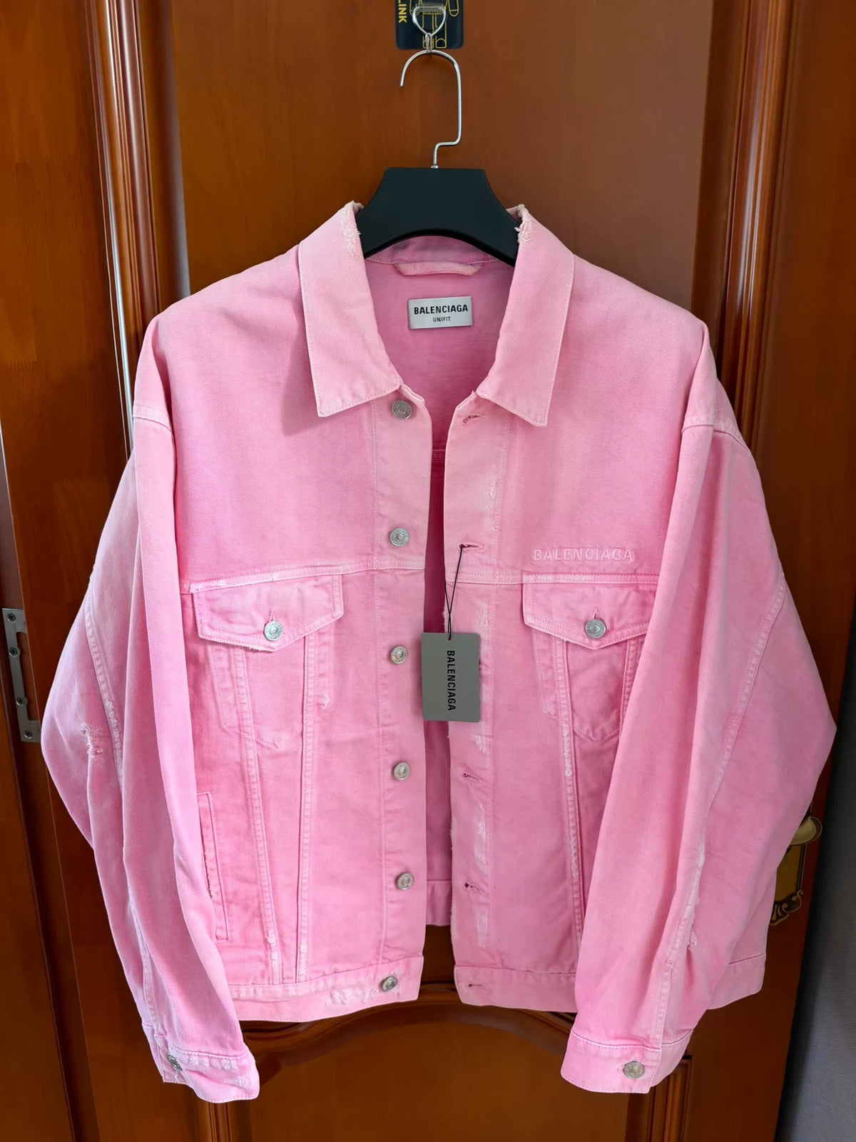 Balenciaga Pink Embroidered Logo Washed Denim Jacket