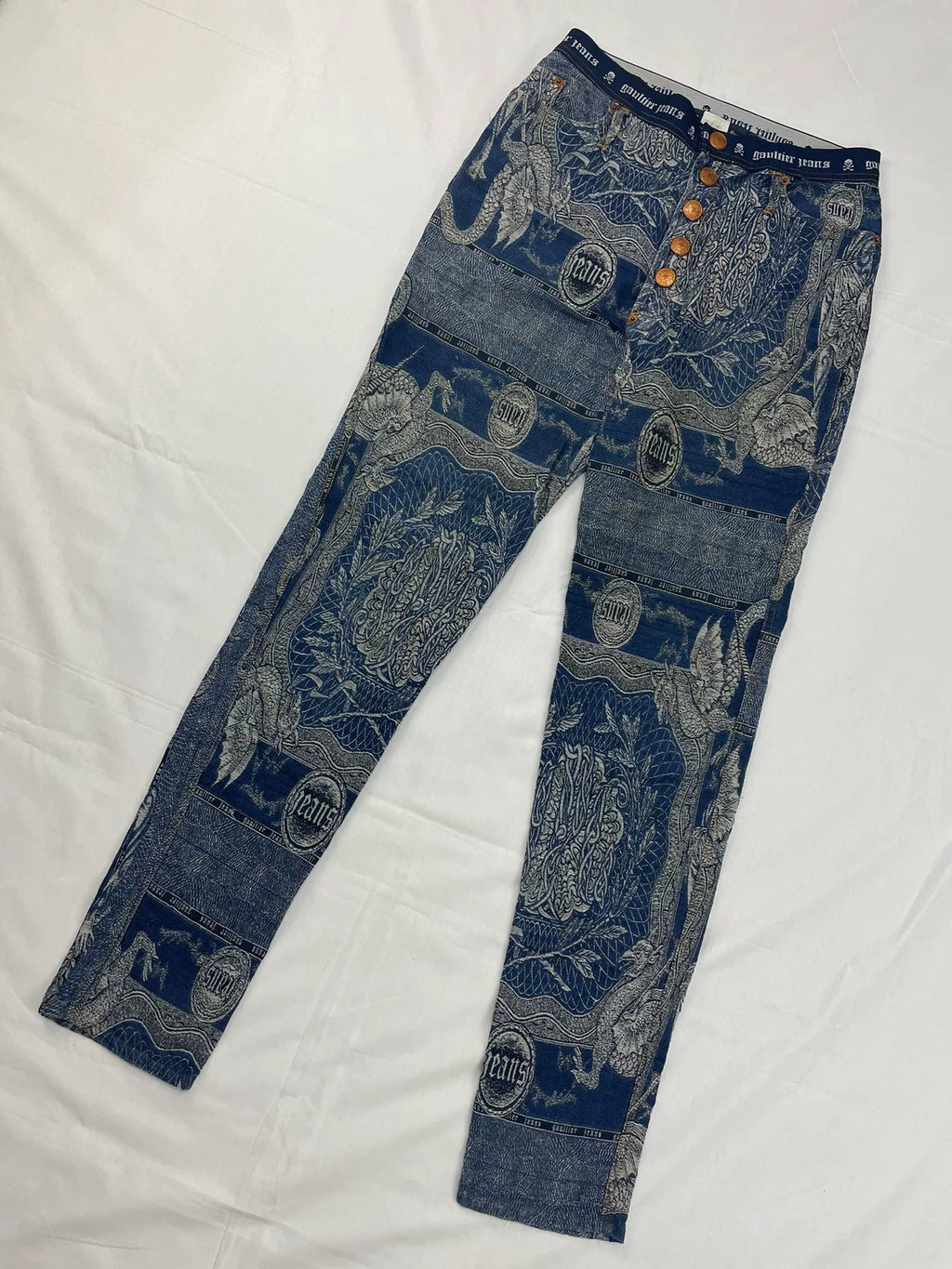 1994 Fall/Winter Jean Paul Gaultier Dragon Slayer Warrior Tribal Tattoo Jacquard Jeans