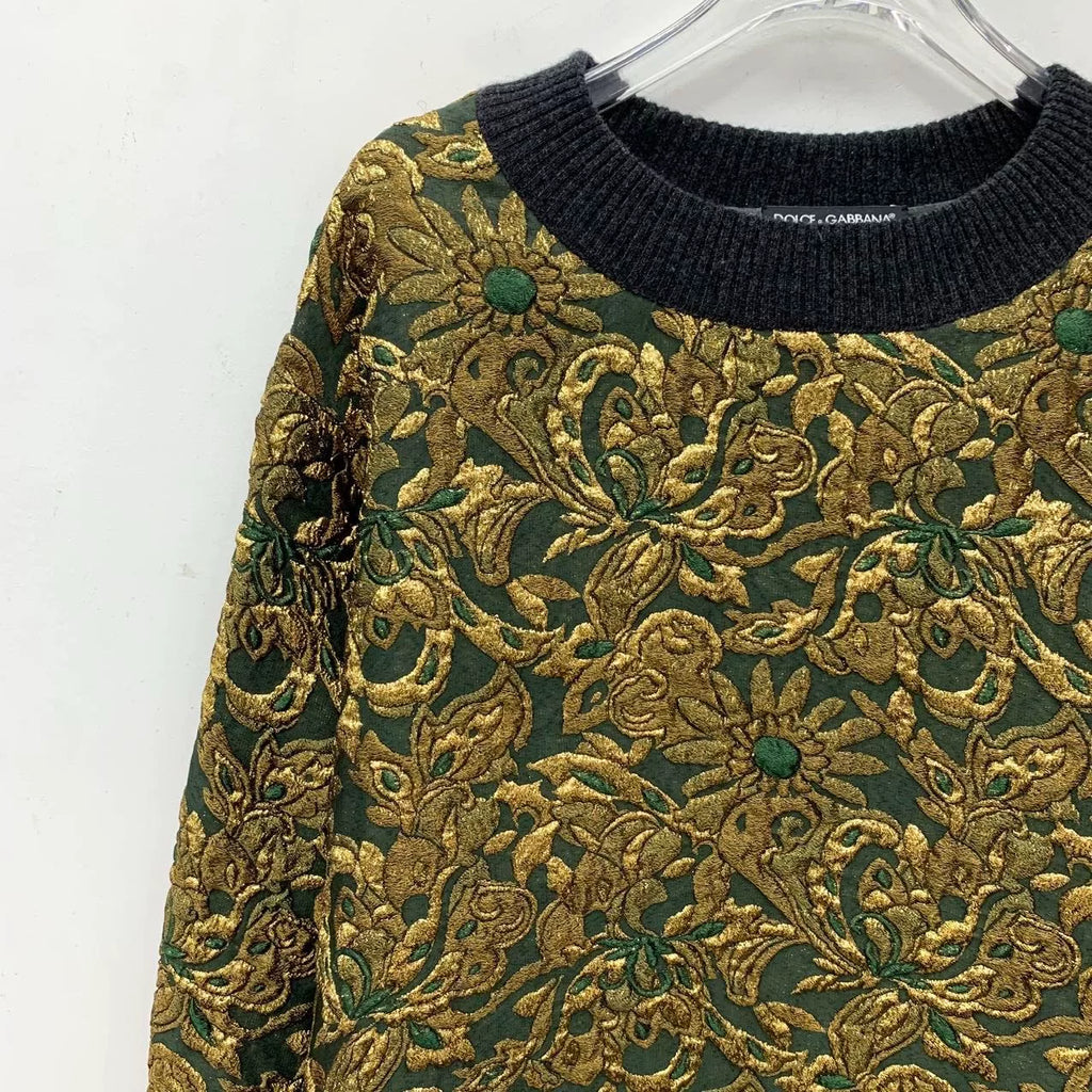 Dolce & Colorblock Floral Gold Thread Embroidered Crew Neck Knit Sweater