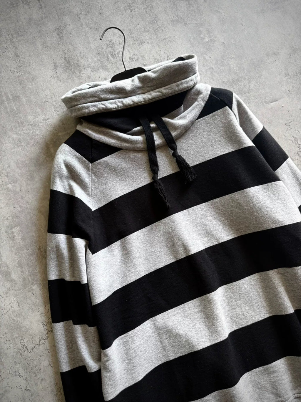 Saint Laurent Paris 17AW Black Striped Distressed Tassel Drawstring Turtleneck Fringe Hoodie by Anthony Vaccarello