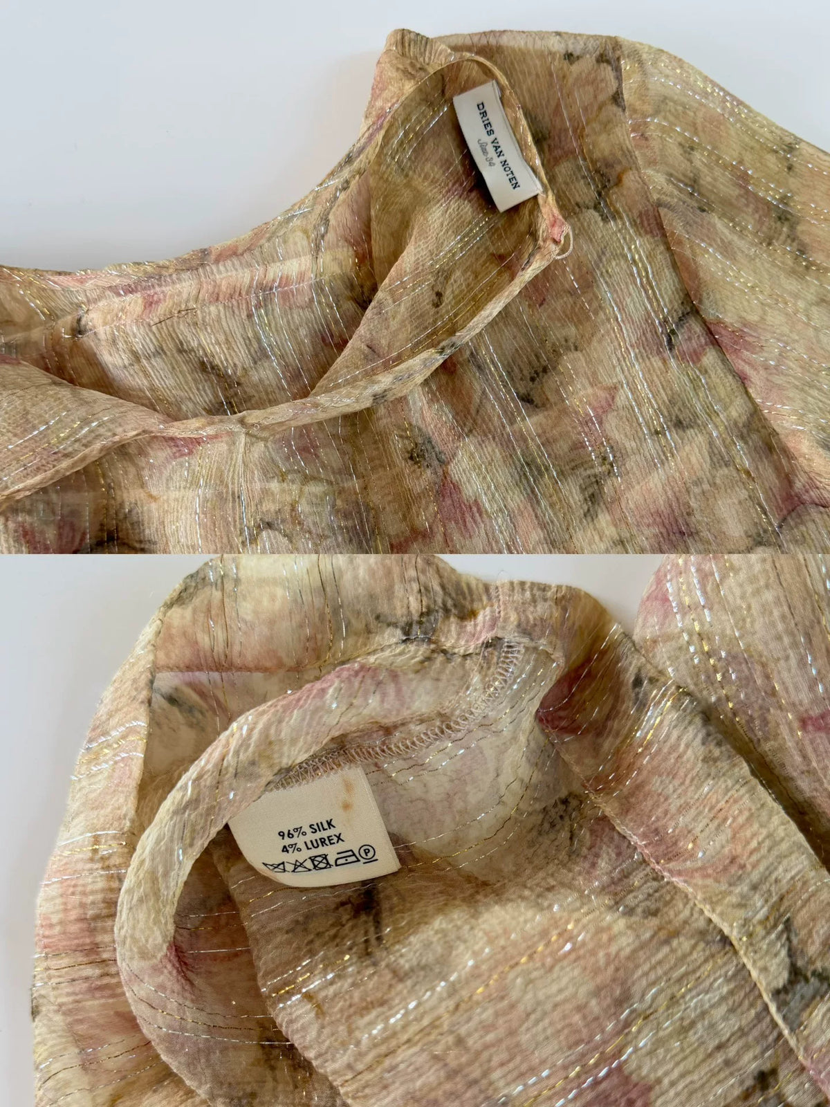 Dries van Noten Silver Watercolor Floral Distressed Silk Top