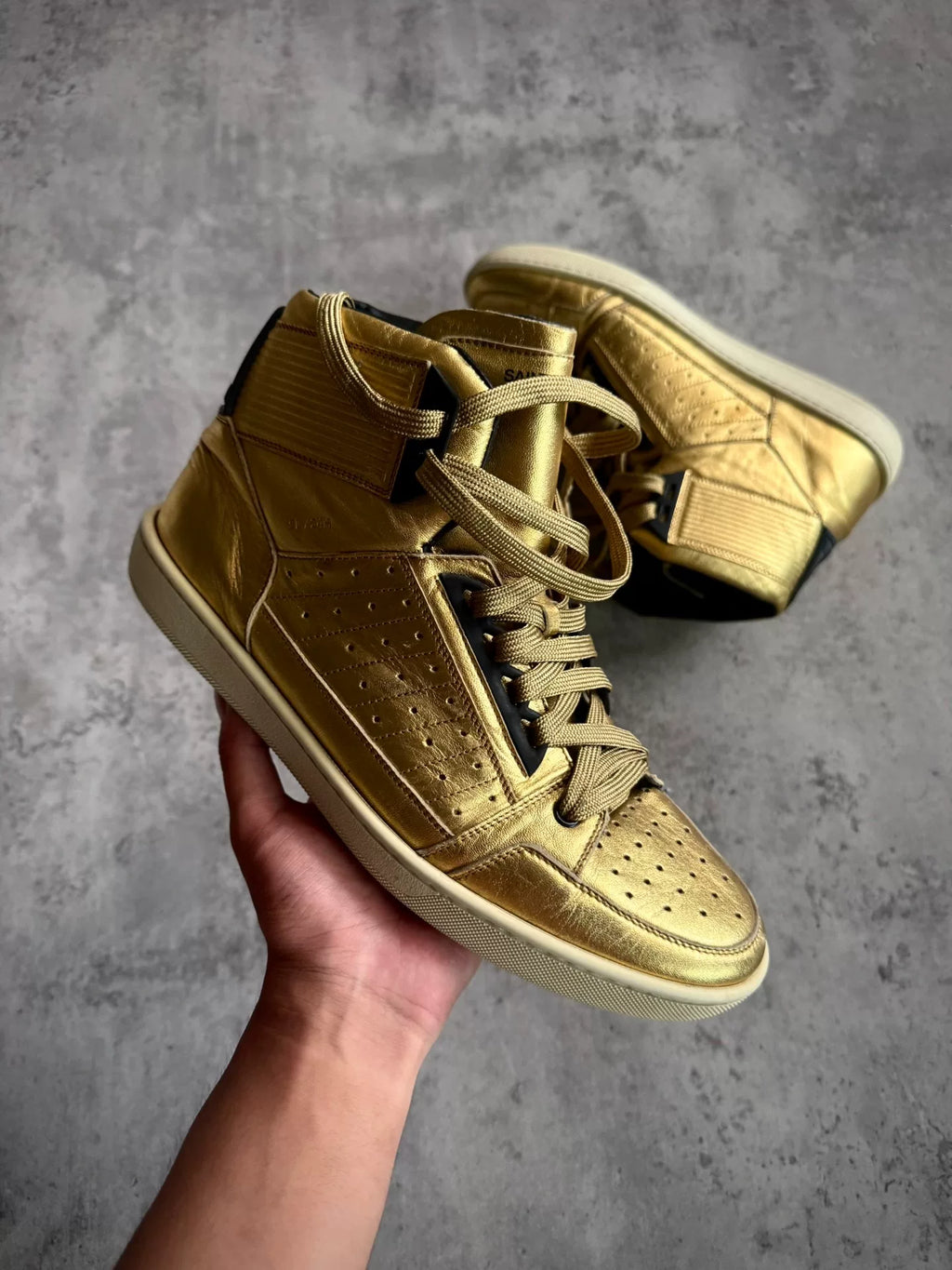 Saint Laurent Paris 15AW SL/24H Gold Metal Pleated High-Top Sneakers by Hedi Slimane