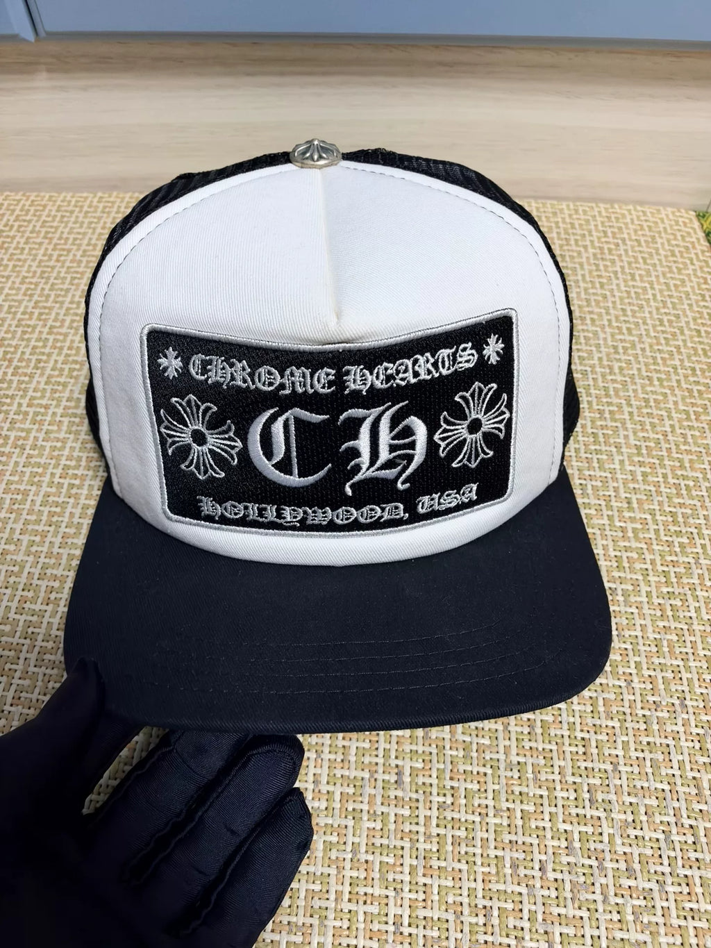 Chrome Hearts Black and White Color Block Mesh Truck Cap