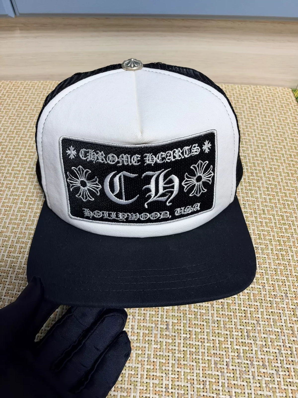 Chrome Hearts Black and White Color Block Mesh Truck Cap