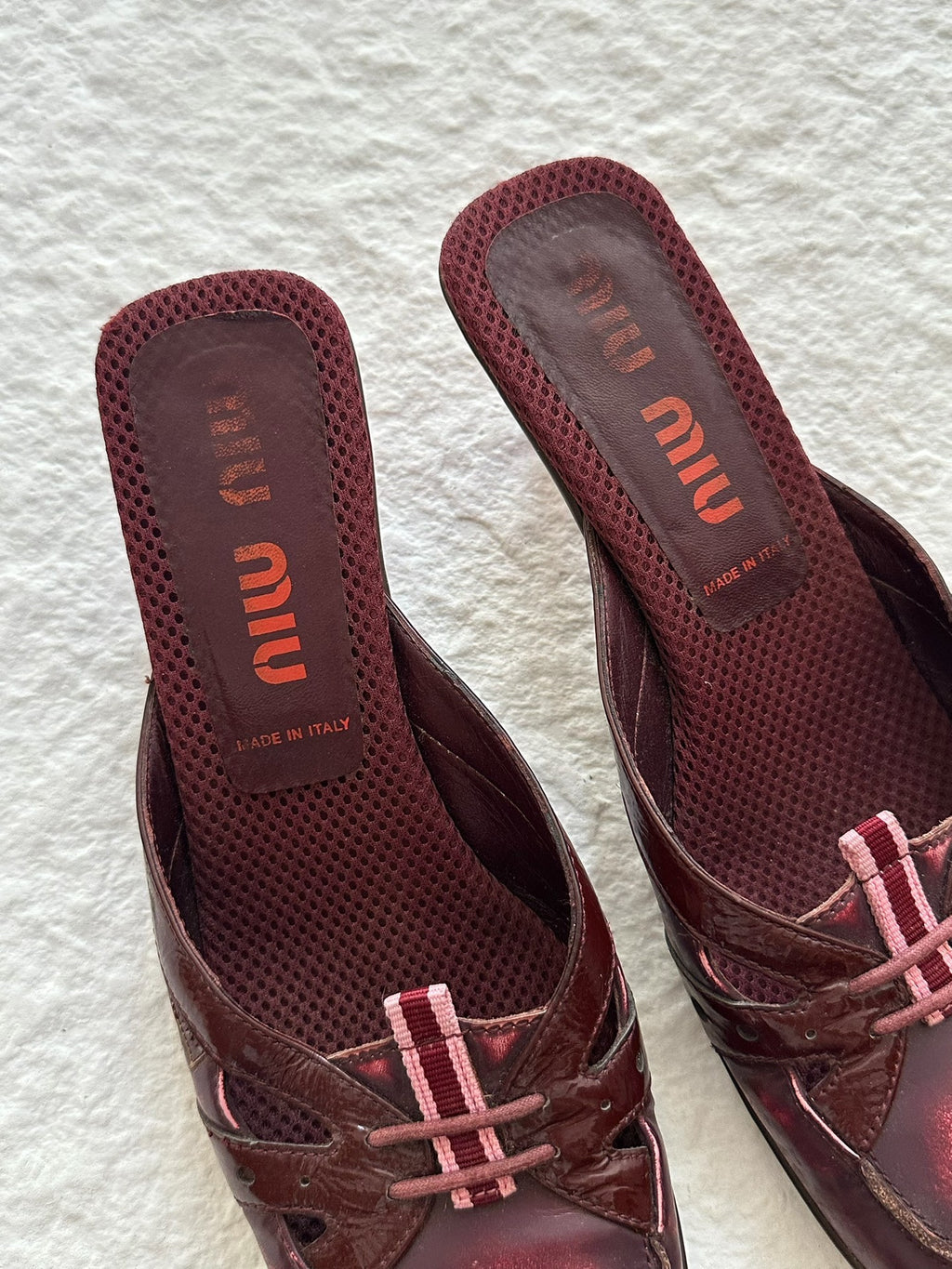 Miu Miu 00SS Wine Red Patent Leather Distressed Mule Slippers