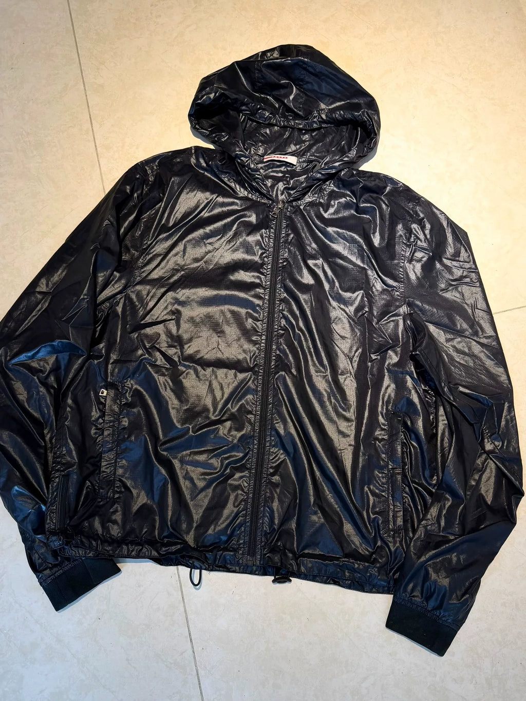 Prada Sports Black Hooded Zip-Up Metal Nylon Jacket