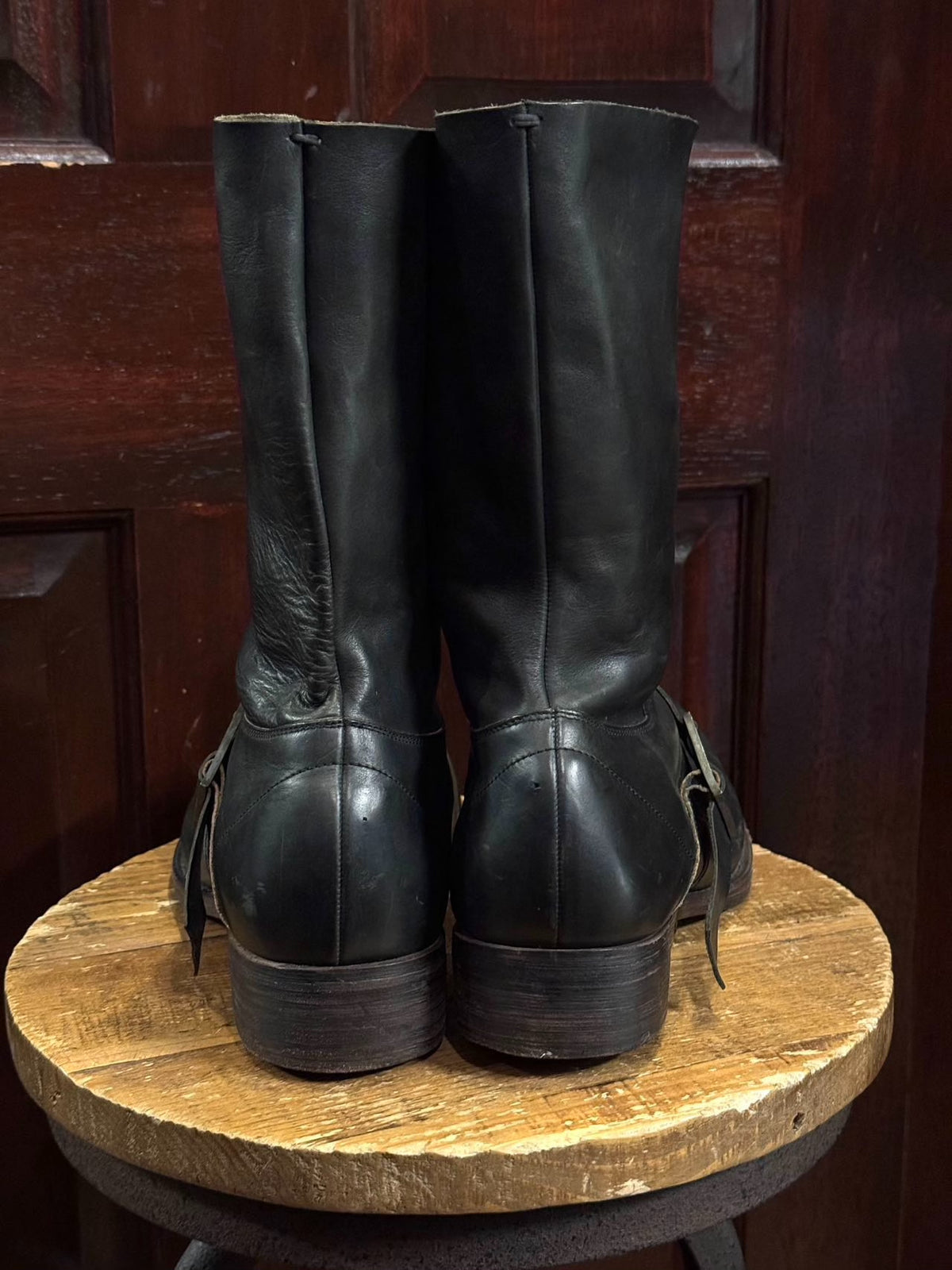 Devoa Season Black Buckle Engineer Lambskin Boots