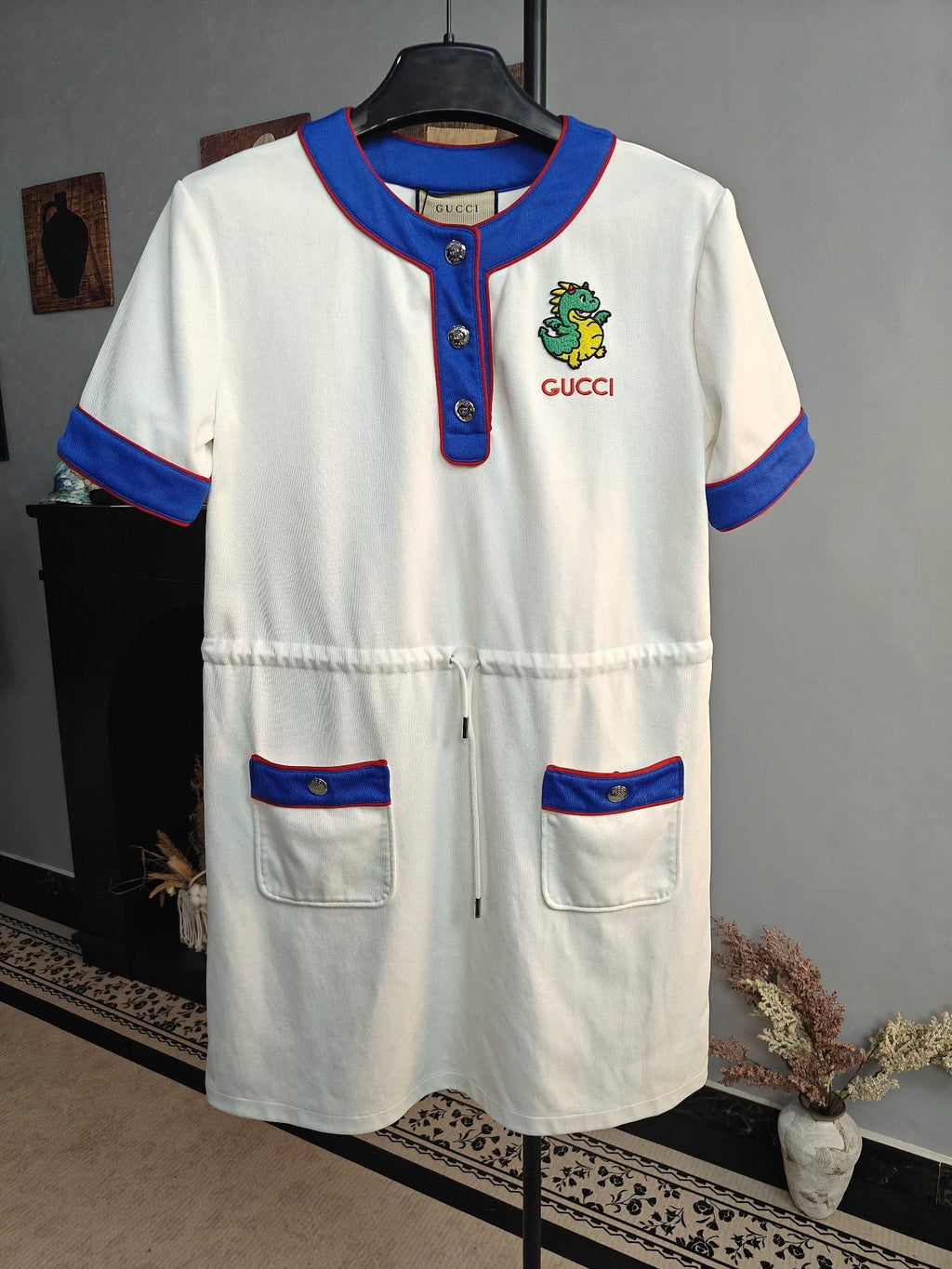 Gucci White Blue Red Trim Dinosaur Embroidery Cotton Dress