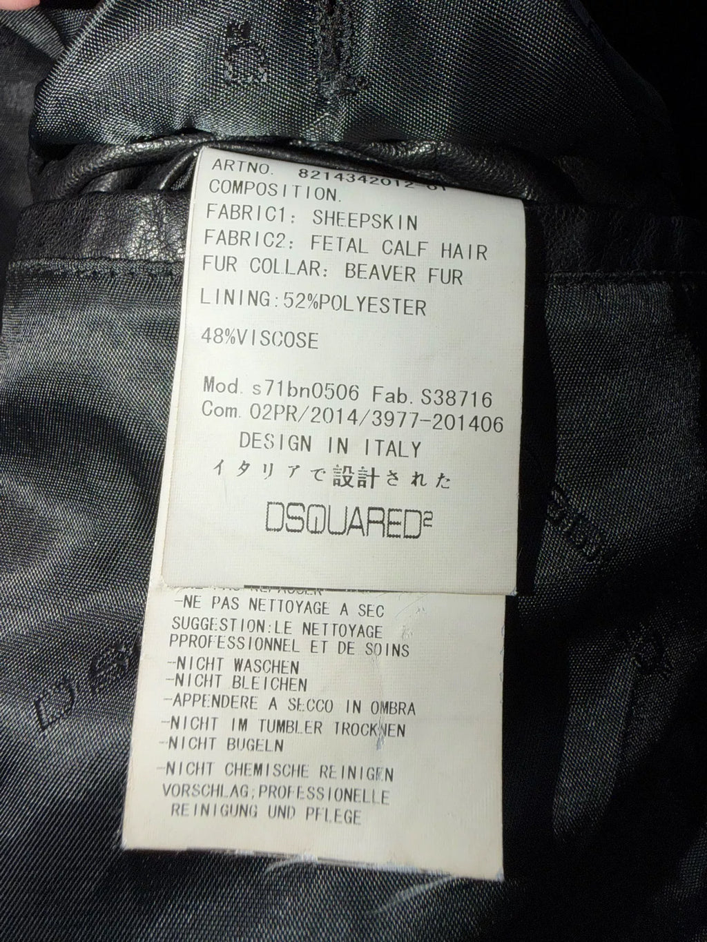 DSQUARED2 Black Fur Collar Rivet Mohair Leather Jacket