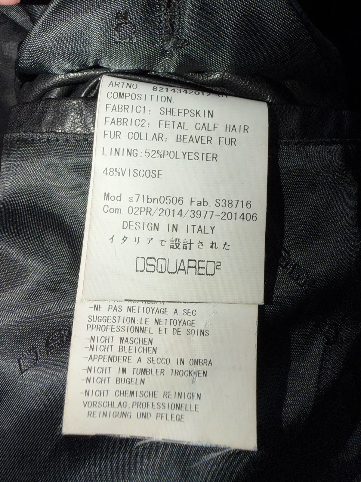 DSQUARED2 Black Fur Collar Rivet Mohair Leather Jacket