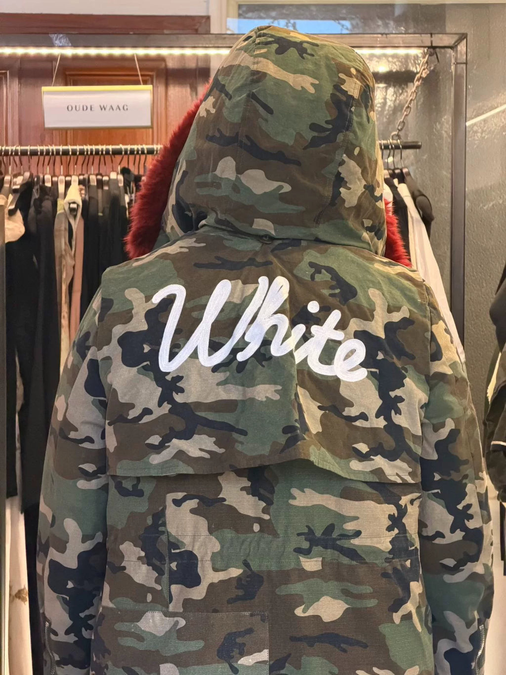 Off-White FW16 Camouflage Detachable Red Faux Fur Liner Parka Cotton Coat