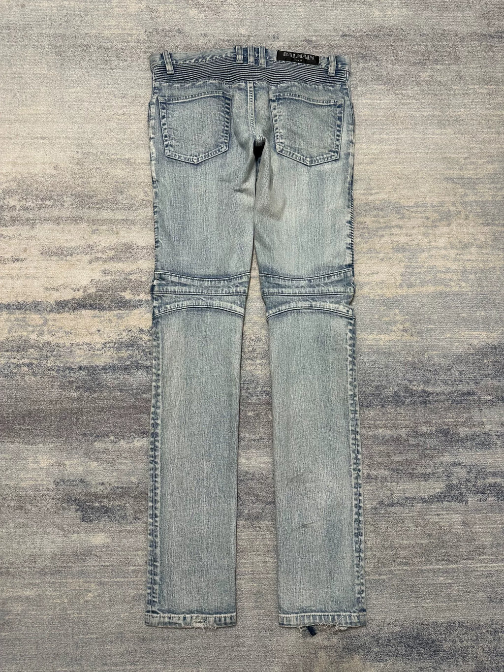 Balmain SS15 ice blue distressed biker jeans